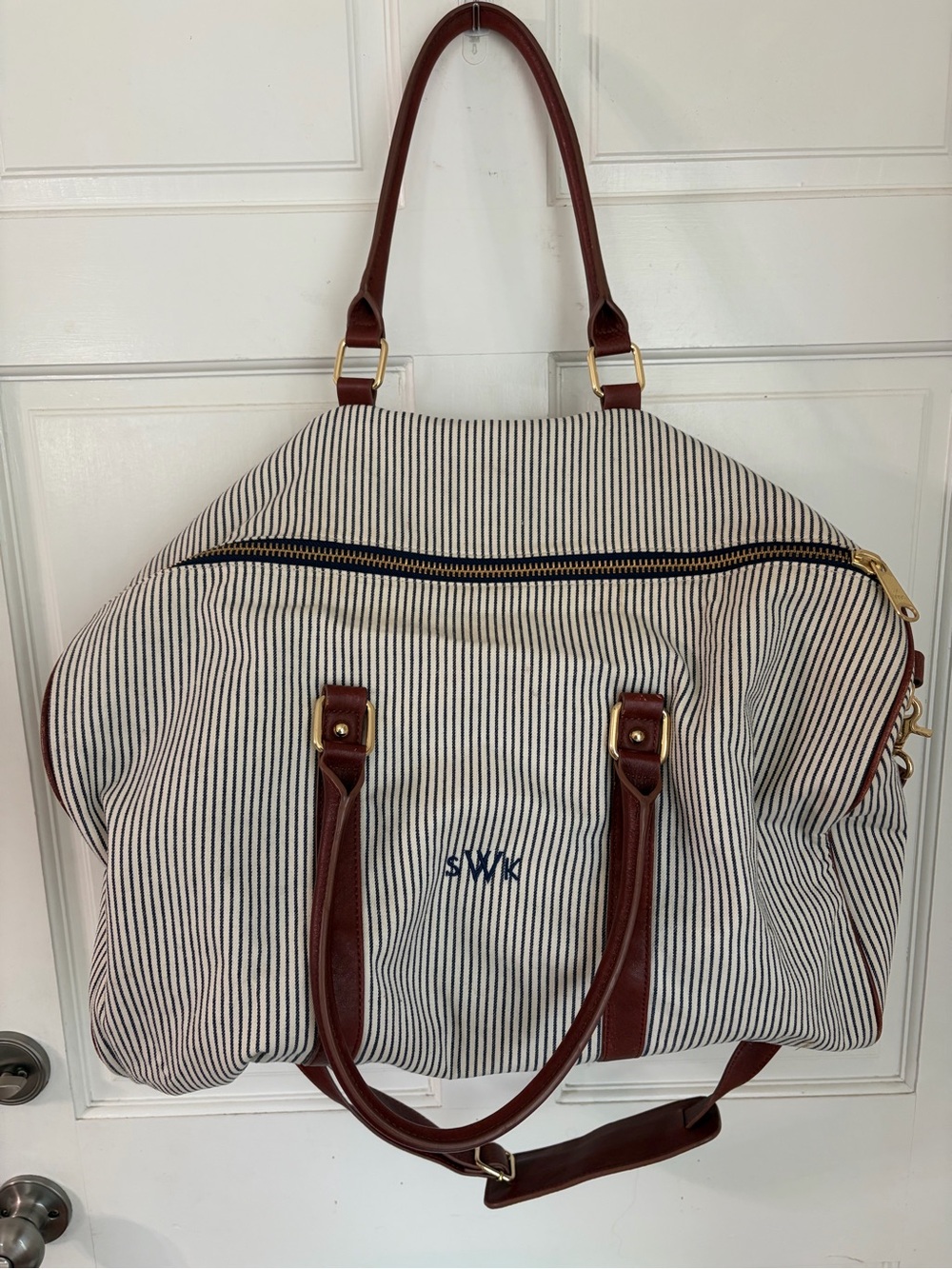 Mark and Graham Striped Overnight Bag Monogram SWK Adjustable Cross Body Strap